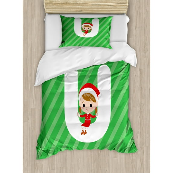 Christmas Alphabet Duvet Cover Set, Print of a Letter U and a Girl Sitting Posing in the Middle, Decorative 2 Piece Bedding Set with 1 Pillow Shams, Twin Size, Green Dark Coral White, by Ambesonne