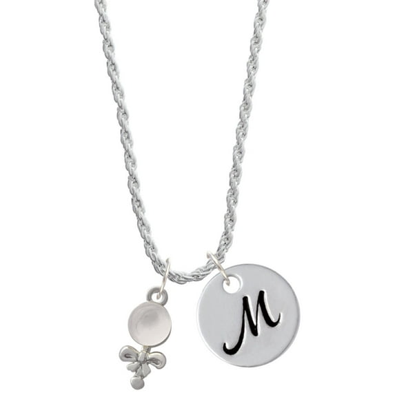 Delight Jewelry Silvertone Clear Frosted Baby Rattle Silvertone Script Initial Disc - M - Charm Necklace, 20"+3"