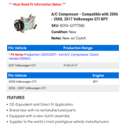 A/C Compressor - Compatible with 2006 - 2008, 2017 Volkswagen GTI BPY 2007