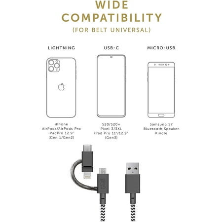 Native Union Belt Cable Universal - 6.5ft USB-C Charging Cable 3-in-1 Adaptor (Zebra)