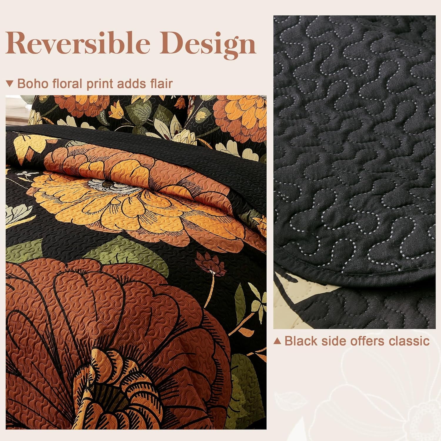 Tyrot 3 Piece Black Boho Floral Full/Queen Quilt Sets Farmhouse Reversible Comforters Bedding King Quilt Sets  90"x96"