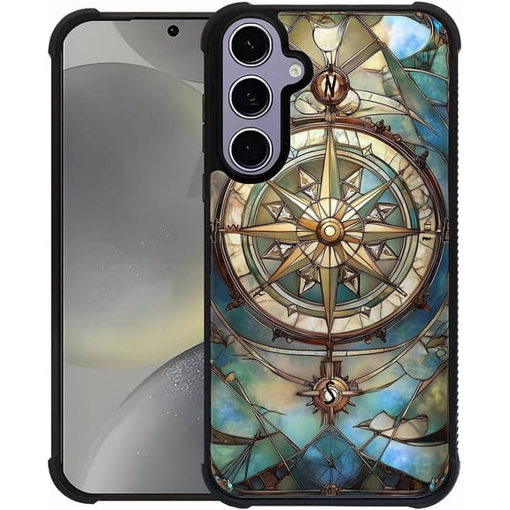 Case for Samsung Galaxy S24 S25 | Shockproof 4 Corner Air Cushion, Soft TPU Bumper with Anti-Slip Grip & Stylish Pattern for Men Boys & Woman Girls | Vintage Compass Stained Glass