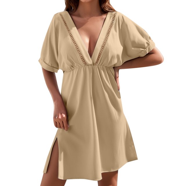 2025 Women's Chiffon Swimsuit Cover Up Dress - Short Sleeve, V Neck, Button Adjustable, Drawstring Waist