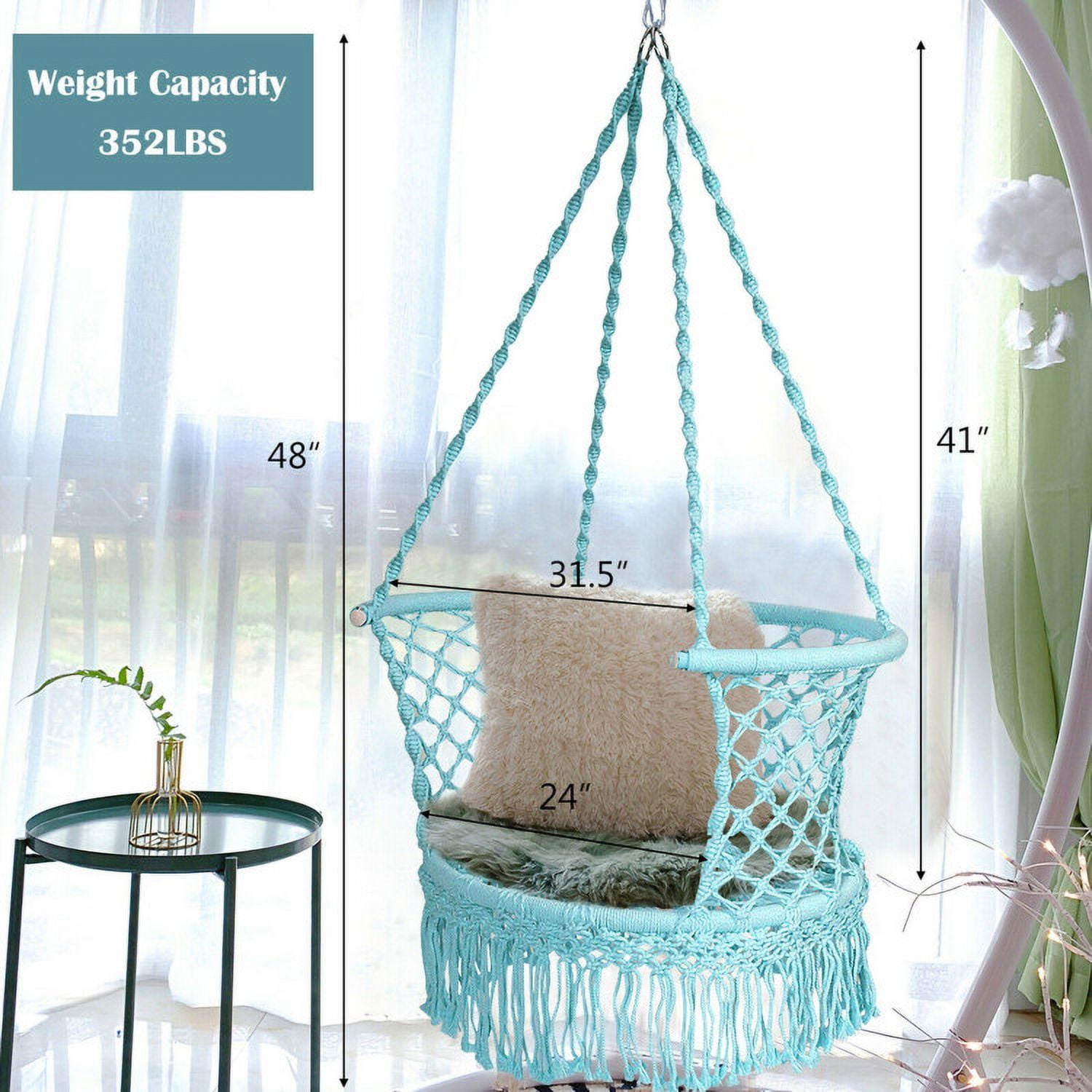 Aimee Lii Hanging Hammock Chair with 330 Pounds Capacity and Cotton Rope Handwoven Tassels Design, Patio Swing Chair, Turquoise