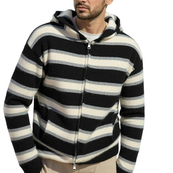 Men's Striped Hooded Zip-Up Sweater Cardigan Long Sleeve Casual Knit Jacket