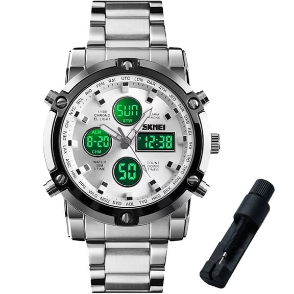 SKMEI Mens Wrist Watch, Waterproof Military Analog Digital Watches with LED Multi Time Chronograph, Stainless Steel Business Quartz Watches for Men