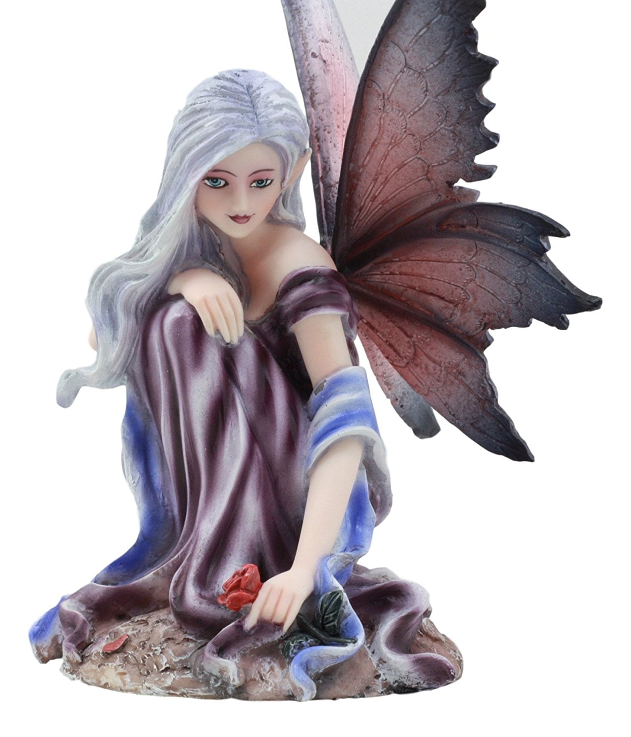 Ebros Silver Haired Winter Fairy Holding Red Rose Figurine Fairy Garden Faerie Fantasy Sculpture 6.25"H