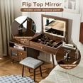 thumbnail image 3 of AENKYO 3-in-1 Vanity Desk with Flip-Top LED Mirror, Makeup Table with Adjustable Side Cabinet and Soft Stool, Walnut, 3 of 11