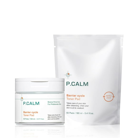 P.CALM Barrier Cycle Toner Pad with Refill Pack 60 + 60 Pads | Korean Skincare Daily Toner Pad for Calming Hydrating Soothing Sebum Care for Sensitiv