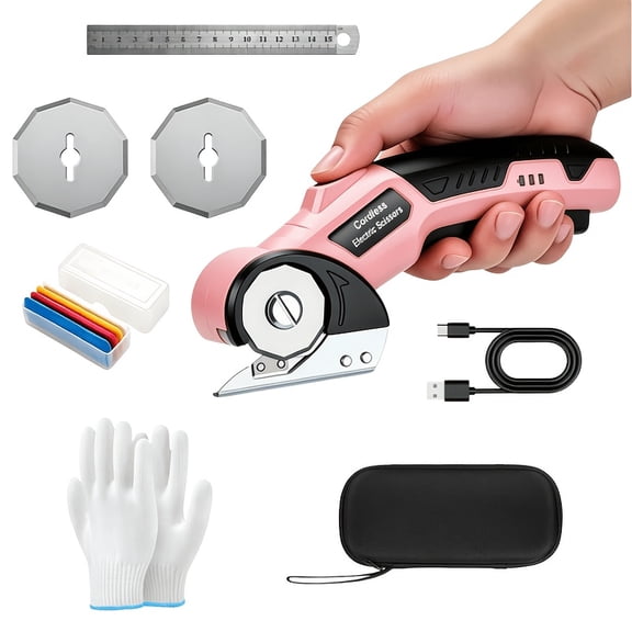 Pink Cordless Electric Scissors 2000Mah Rechargeable, Heavy Duty Fabric & Cardboard Cutting Tool, Safety Lock & LED Light, for Leather Carpet Plastic
