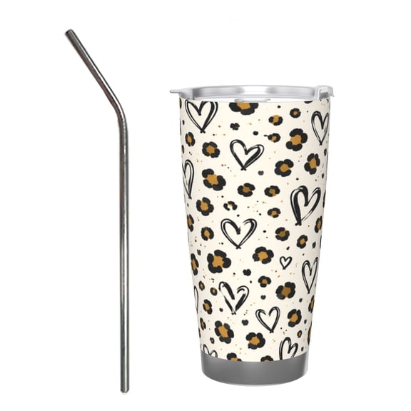 Leopard Heart Pattern 20oz Insulated Tumbler with Handle and Straw Travel Coffee Cup Car Cup Gift for Women with Stainless Steel Straw