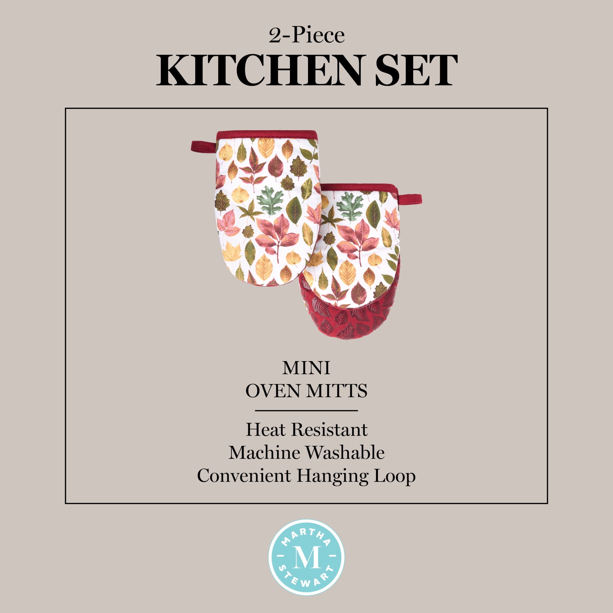 MARTHA STWEART Autumn Harvest Falling Leaves Mini Oven Mitt 2-Pack Set, 100% Cotton with Decorative Non-Slip Silicone Grip, Heat Resistant, Tan/Red/Green, 5.5"X8"