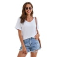 thumbnail image 2 of Women's V Neck Rolled Sleeve Shirts Short Sleeve T Shirts Side Split Tops Casual Tops Summer Fashion Solid Tee, 2 of 9
