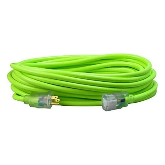Heavy Duty Extension Cord, 50Ft, 12 Gauge, 3 Conductor, High Visibility Outdoor Cord, Lighted End, SJTW, Cool Green, 2578SW000X