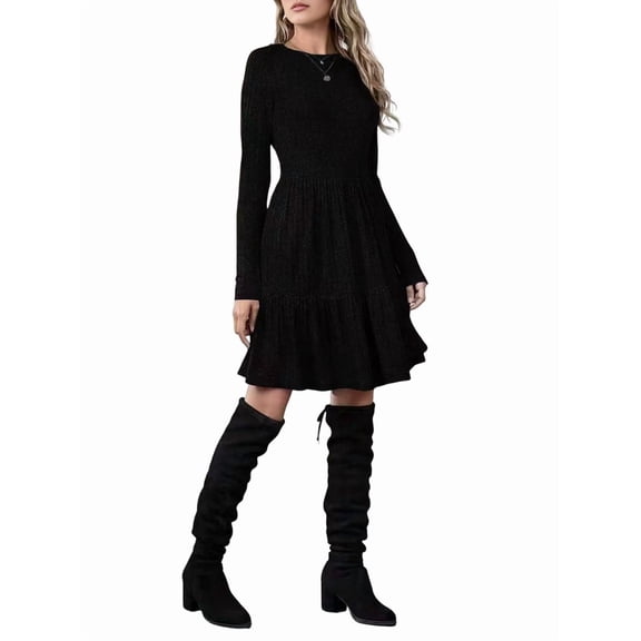 Women Long Sleeve Fall Dresses Flowy Casual Ribbed Knit Crew Neck Knee Length Sweater Dress Black S