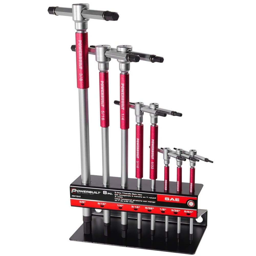 Powerbuilt 8 Pc SAE THandle Hex Allen Key Wrench Set with Storage Rack