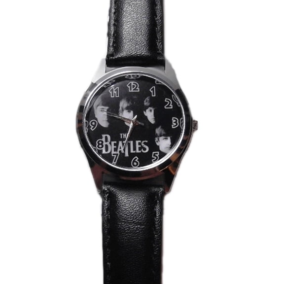 Meet The Beatles Faces Black Leather Band Wrist Watch