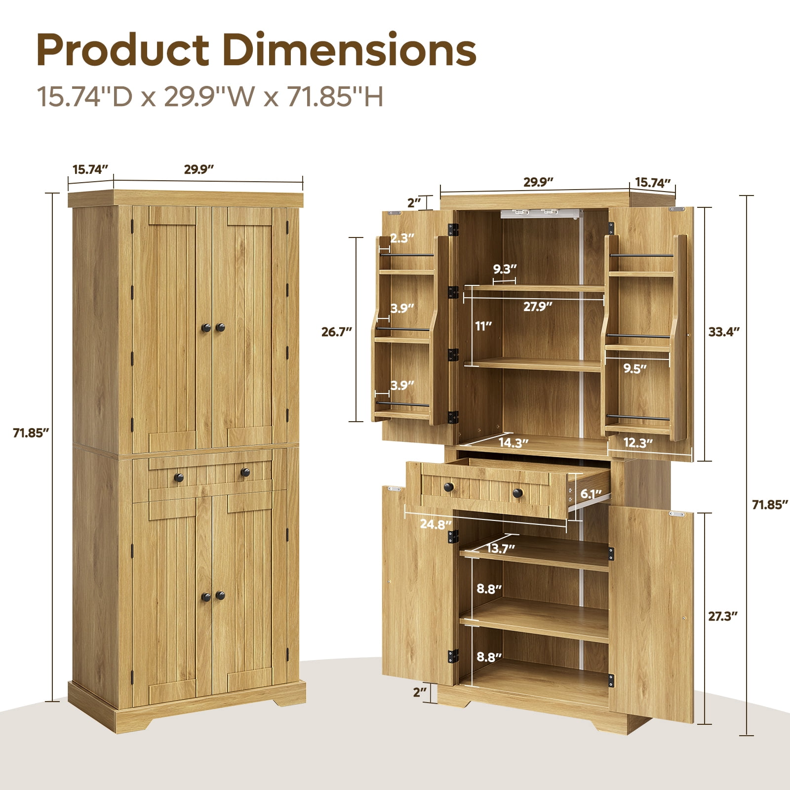 Bestier 72" Tall Kitchen Pantry Storage Cabinet with Doors and Shelves, Food Pantry Cabinet with Motion Sensor Light, Natural Oak