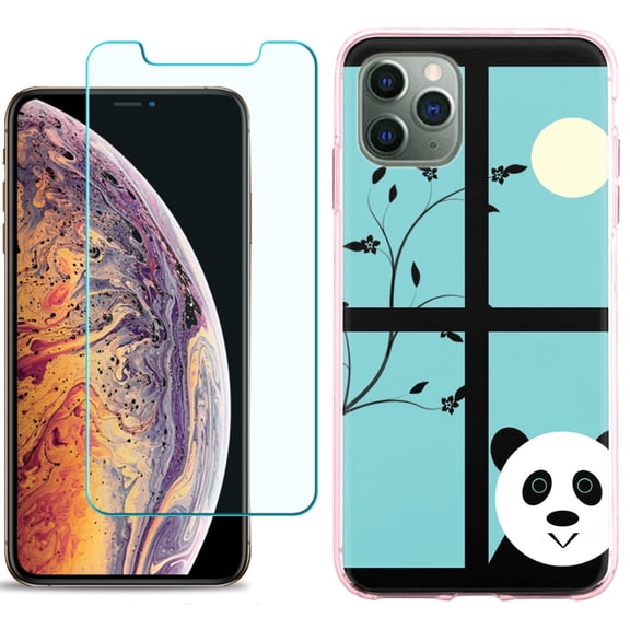 For Apple iPhone 11 PRO Case, Slim-Fit TPU Protective Phone Case (Pink Bezel) with Tempered Glass Screen Protector, by OneToughShield ® - Moon Panda