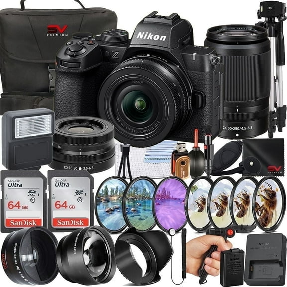 Nikon Z50 Mirrorless Camera with 50-250mm Lens   SanDisk 64GB Memory Card   Pistol Grip Tripod   SV Premium Accessory Bundle (International Version)