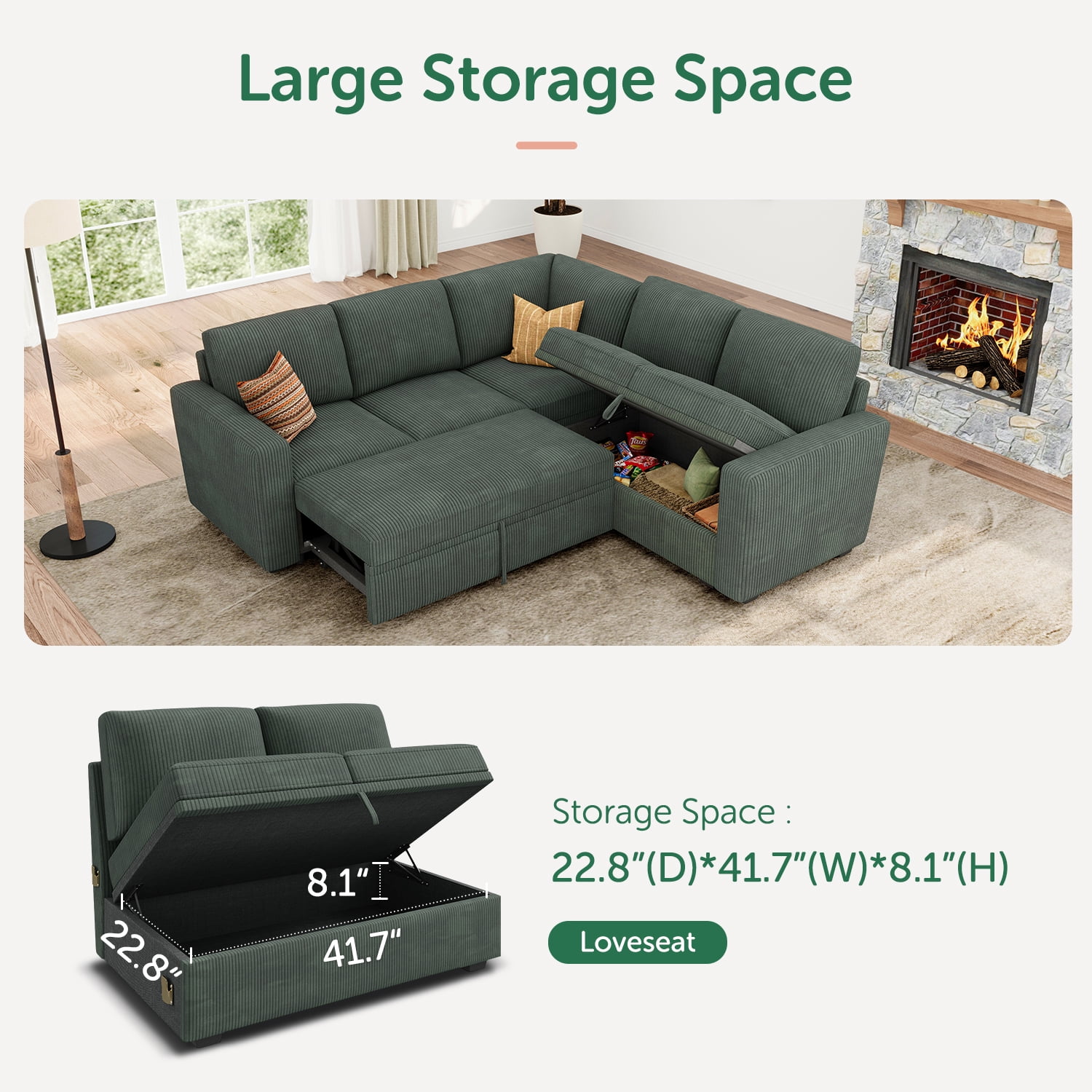 Marrber 83.4” Modular L-Shaped Corduroy Sectional Sleeper Sofa with Pull-Out Bed and Storage for Living Room, Green