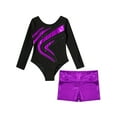 thumbnail image 3 of iiniim Kids Girls Shiny Diamonds Long Sleeve Gymnastics Leotard Bodysuit with Colorful Shorts Set Dancewear Purple 6, 3 of 7