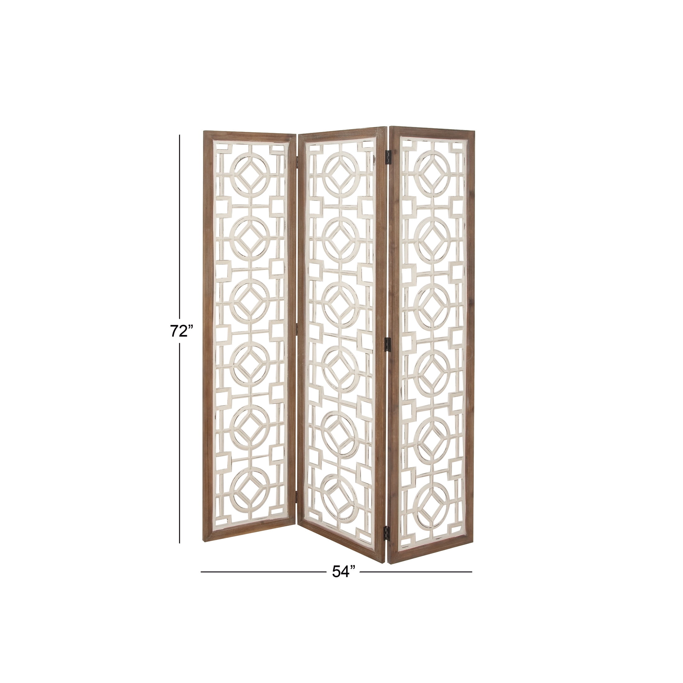 DecMode White/Pastel Brown Farmhouse Wood Room Divider Screen with Geometric Carvings, 54"W x 72"H