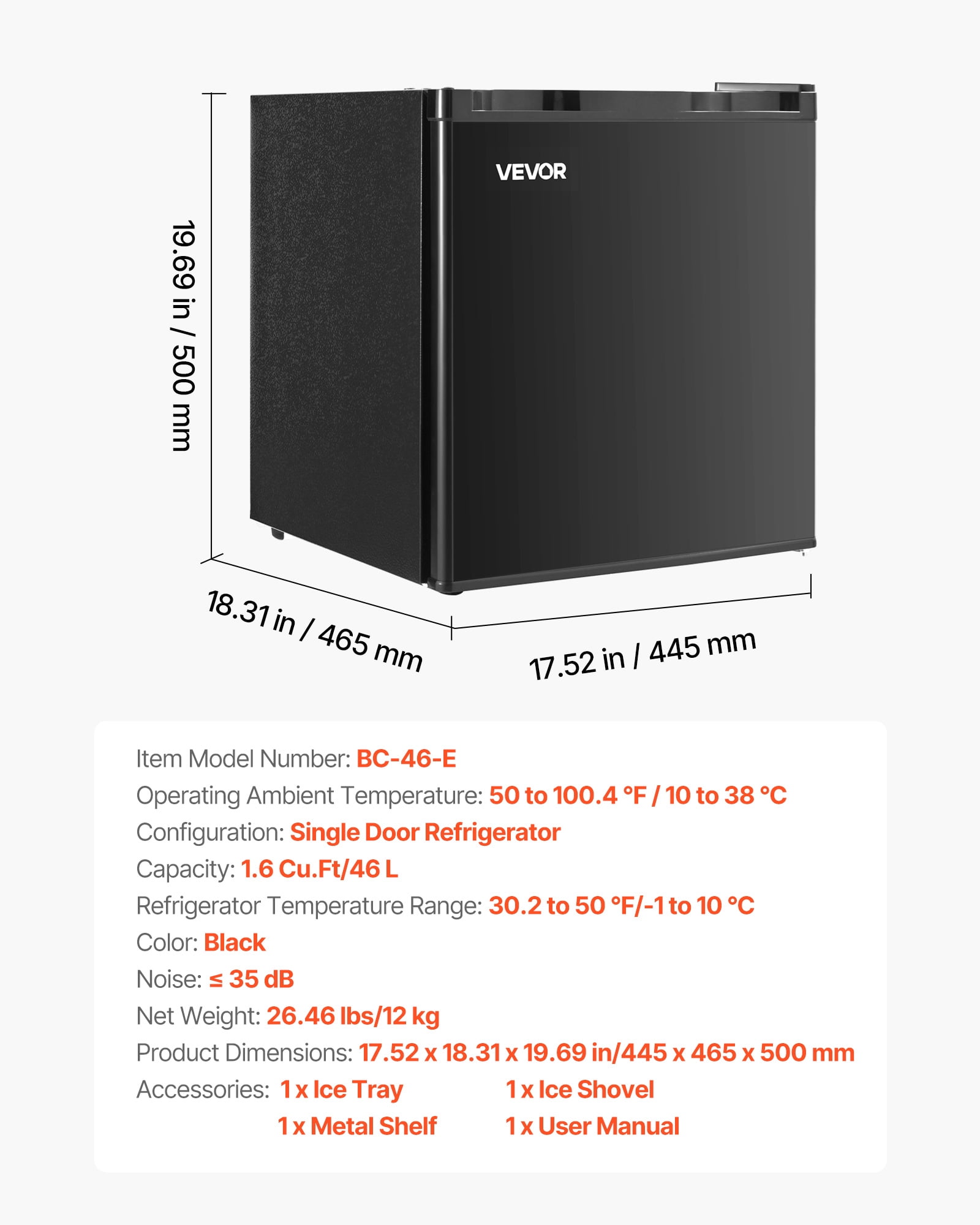 VEVOR Mini Fridge, 1.6 Cu.Ft, Single Door Compact Refrigerator, Adjustable Temperature, Metal Shelf, Energy Efficient Small Refrigerator, Reversible Door, Low Noise, for Bedroom Dorm Office, Black