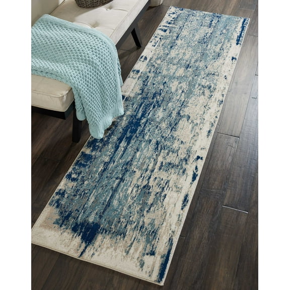 Nourison Maxell Abstract Ivory/Blue 2'2" x 7'6" Area Rug, (2x8)