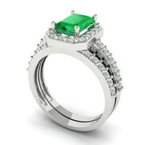 Clara Pucci 18K White Gold Emerald Cut 1.5Ct Simulated Emerald Engagement Ring   Matching Band - Luxury Box Included