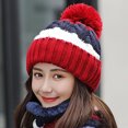 thumbnail image 4 of Naierhg Beanie 2Pcs/Set Autumn Winter Women Beanies Hat Scarf Contrast Color Stripe Plush Lining Fluffy Ball Knitting Cap for OutdoorRed, 4 of 8