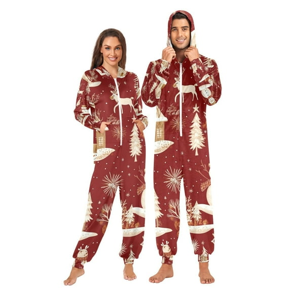 Christmas Snowmans Houses Red Adult Onesie Pajamas Slim Fit Christmas One Piece Suit Pjs for Women and Men Hooded Zipper