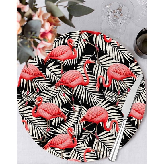 13 Inch Round Placemats Set of 6, Red Flamingo Non Slip Heat Insulation PP Table Mats, Summer Tropical Plants Leaves Botanical Black Washable Place Mats for Kitchen Dining Party Table Decor