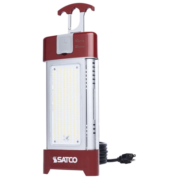 Satco S13175 30/70 / 100/120 Watt LED Work Light with Remote 5000K Natural Light IP64 Rated Red Finish Step Dimmable 120 Volt Portable Utility Fixture
