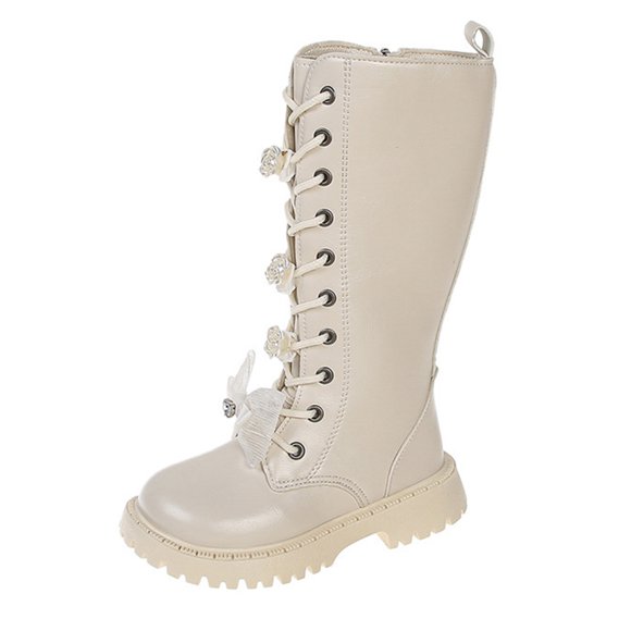 Gubotare Knee High White Boots Girls Girls Lace Up Boots Mid Calf Combat Boots Leather Side Zipper Boot Kids Cute Riding Boot Size 1 (Beige,Big Kids 1)
