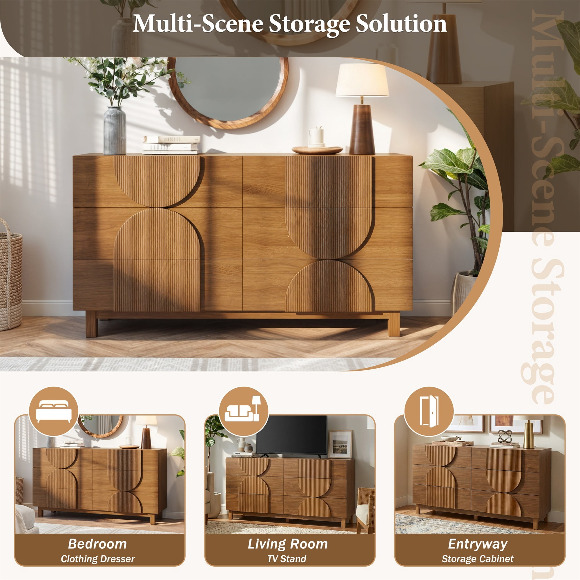 Alvantor 6 Drawer Dresser, 60" Wide Wooden Chest of Drawers, Fluted Dresser for Bedroom,Living Room, Hallway Brown