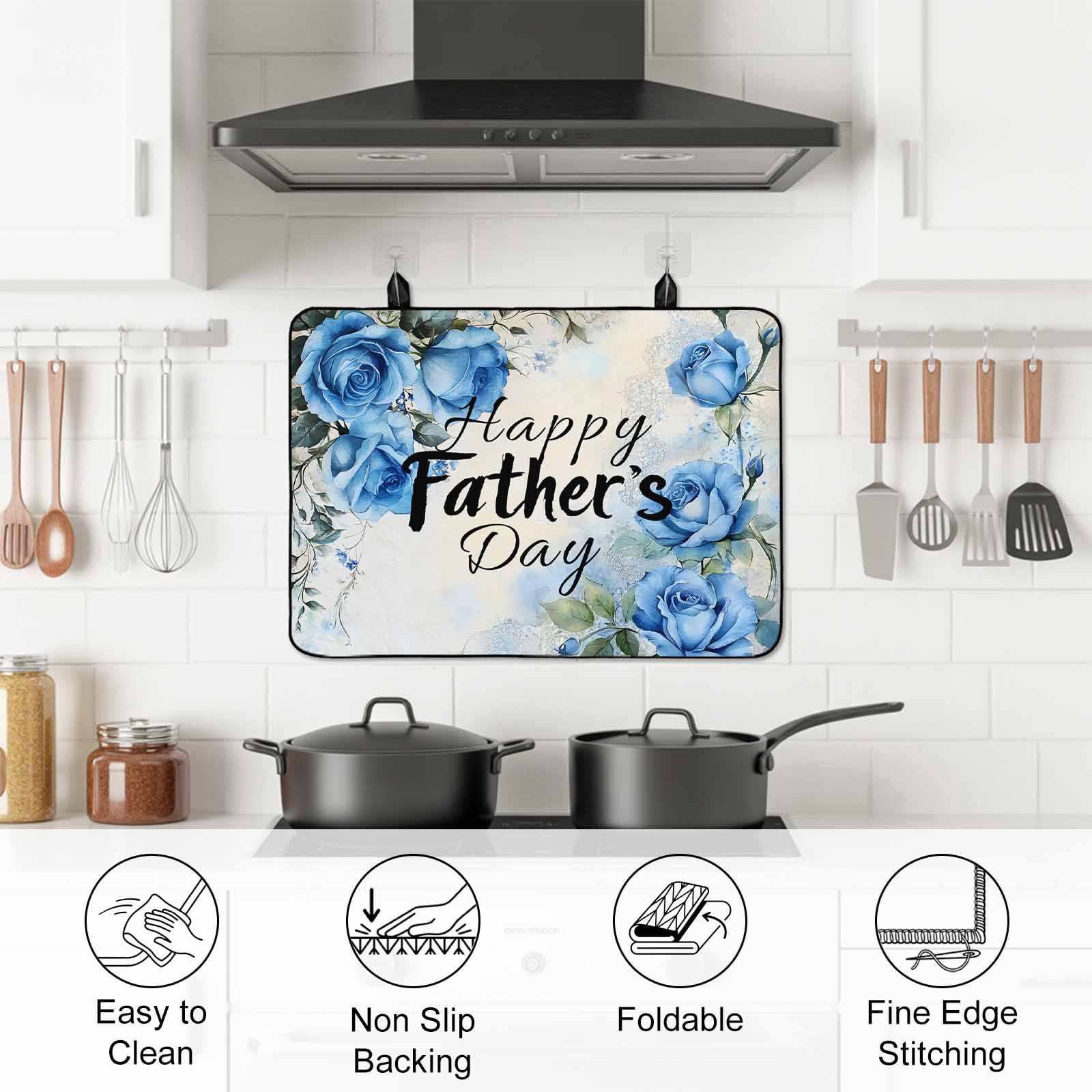 Happy Father's Day Stove Top Cover for Electric Stove, Heat-proof & Non Slip Glass Top Stove Cover Protector, Blue Spring Garden Floral Kitchen Flat Cooktop Rubber Mat 24x21 Inches