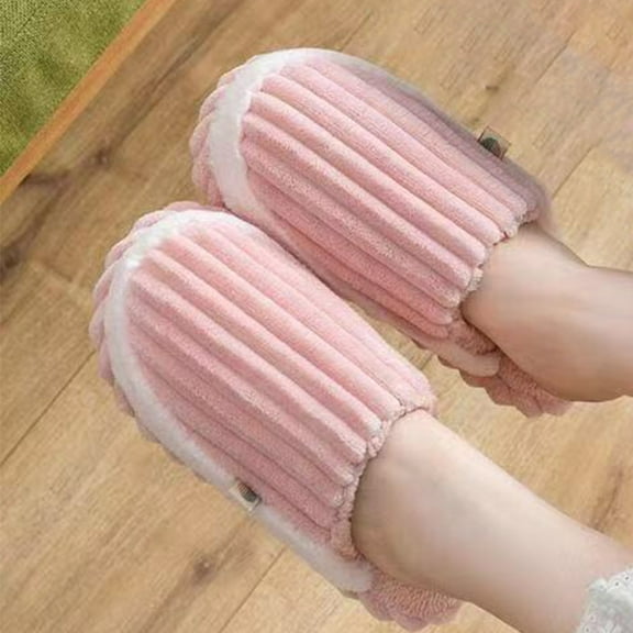 Weloille Home Cotton Slippers Corduroy Splicing Couple Home Shoes, Warm Plush Cotton Slippers Soft Bottom Mute Non-slip