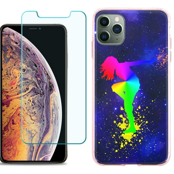 For Apple iPhone 11 Pro Max Case , Slim-Fit TPU Protective Phone Case (Pink Bezel) with Tempered Glass Screen Protector, by OneToughShield ® - Cosmos Dance