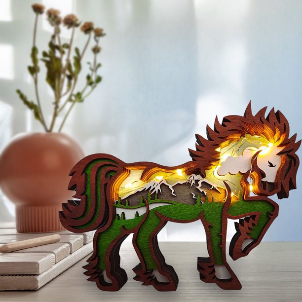 Kuymtek Estatua de madera Animal Tallado Artesanía con luz LED Adorno de escritorio para el hogar (Caballo)