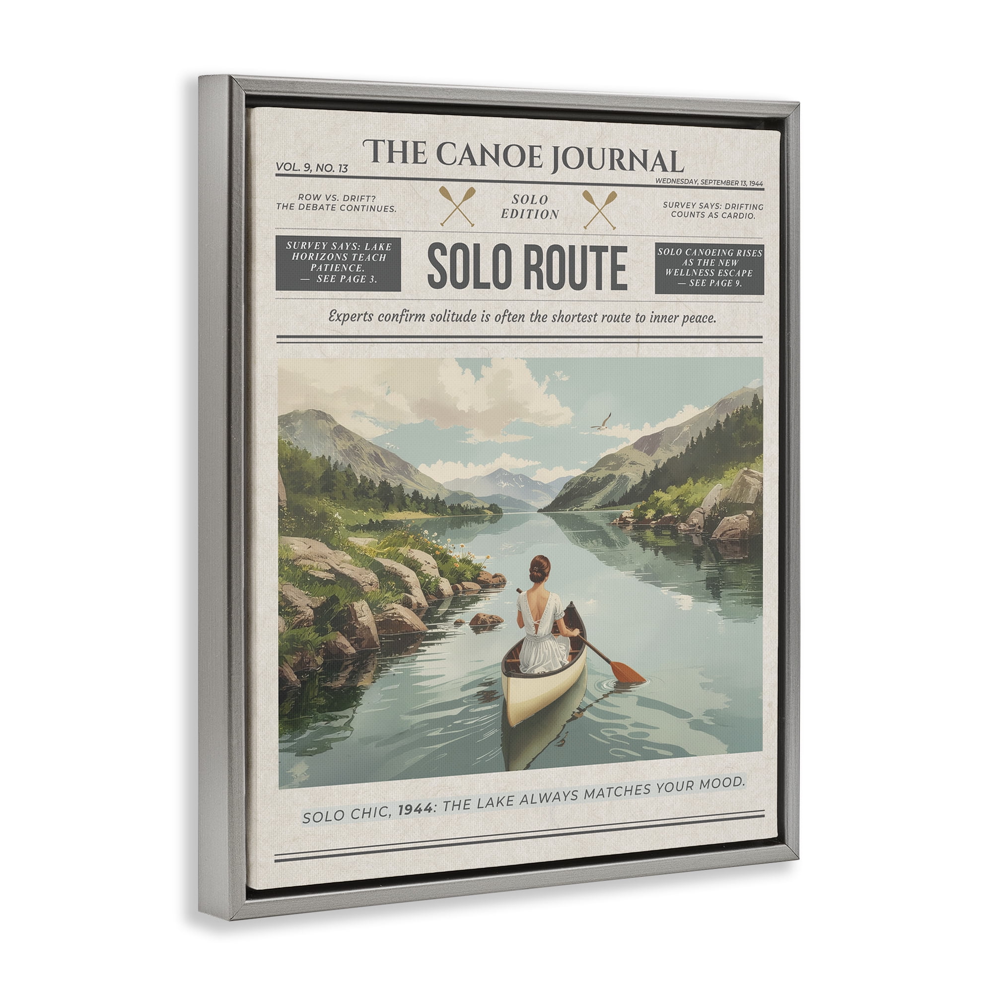 Stupell Industries Canoe Journal Newspaper Gray Framed Floater Canvas Wall Art, design by A Barefoot Stylist
