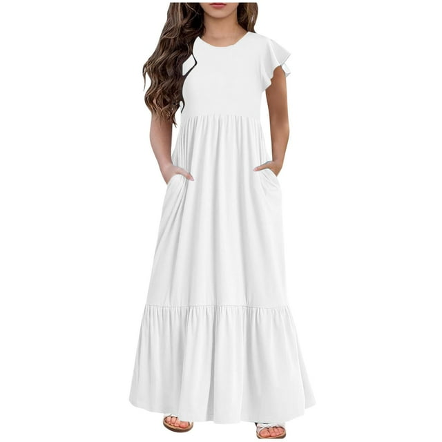 Robes Maxi pour Filles Été à Volants Manches Courtes Décontractées Robe Fluide à Volants avec Poches pour 6-12 Ans