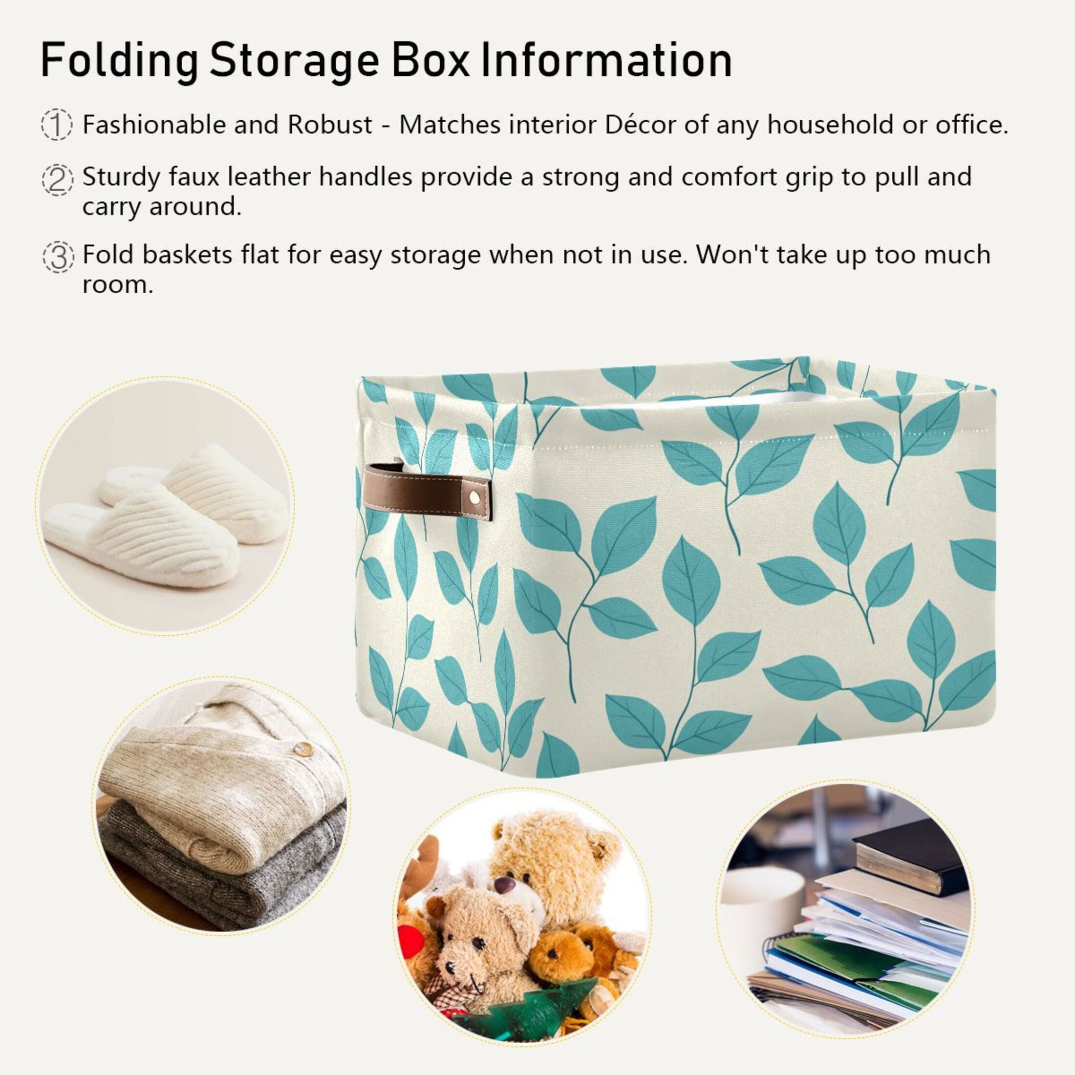 Turquoise Leaf Foldable Storage Basket,Canvas Fabric Foldable Storage Bins with Handles Open Home Storage Bins Boxes for Toy Book Shelf Closet Baskets