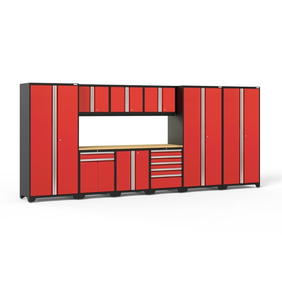 NewAge Products Pro Series Red 10 Piece Cabinet Set, Heavy Duty 18-Gauge Steel Garage Storage System, LED Lights Included