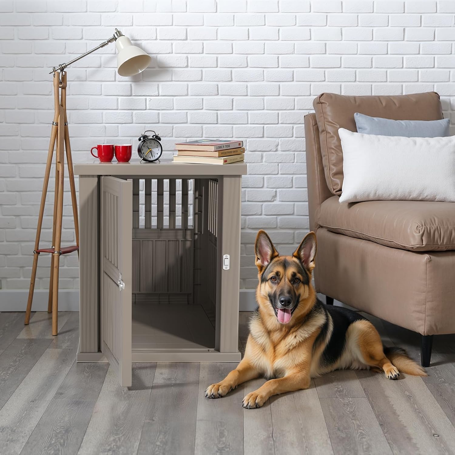 30x21x25in Heavy-Duty Resin Dog Crate for Large Dogs – Weatherproof, Ventilated, Lockable Door Indoor/Outdoor Portable Kennel (Light Coffee)