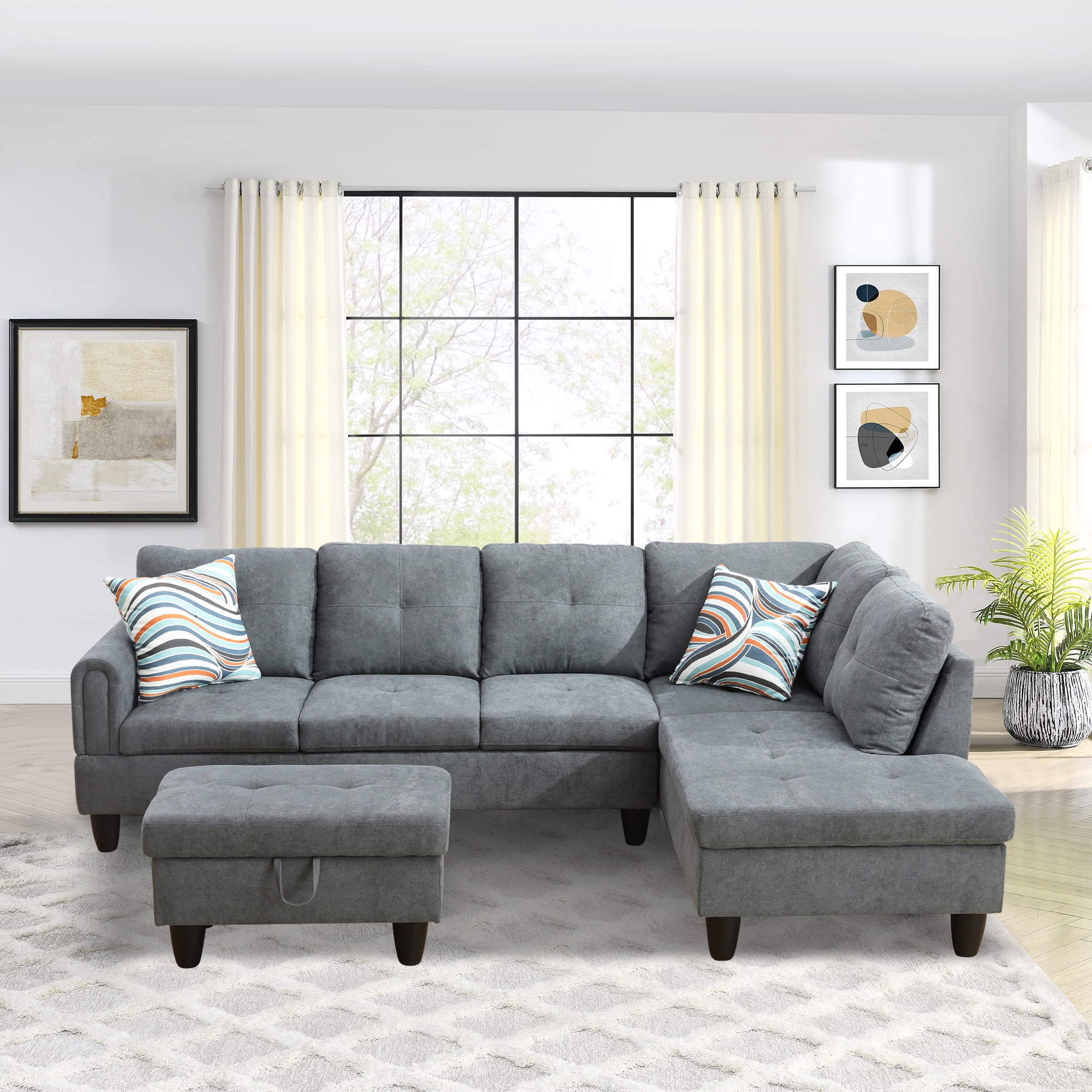 Aukfa 3 Piece Living Room Sectional Sofa Set w/ Right Facing Chaise, Storage Ottoman, Dark Gray