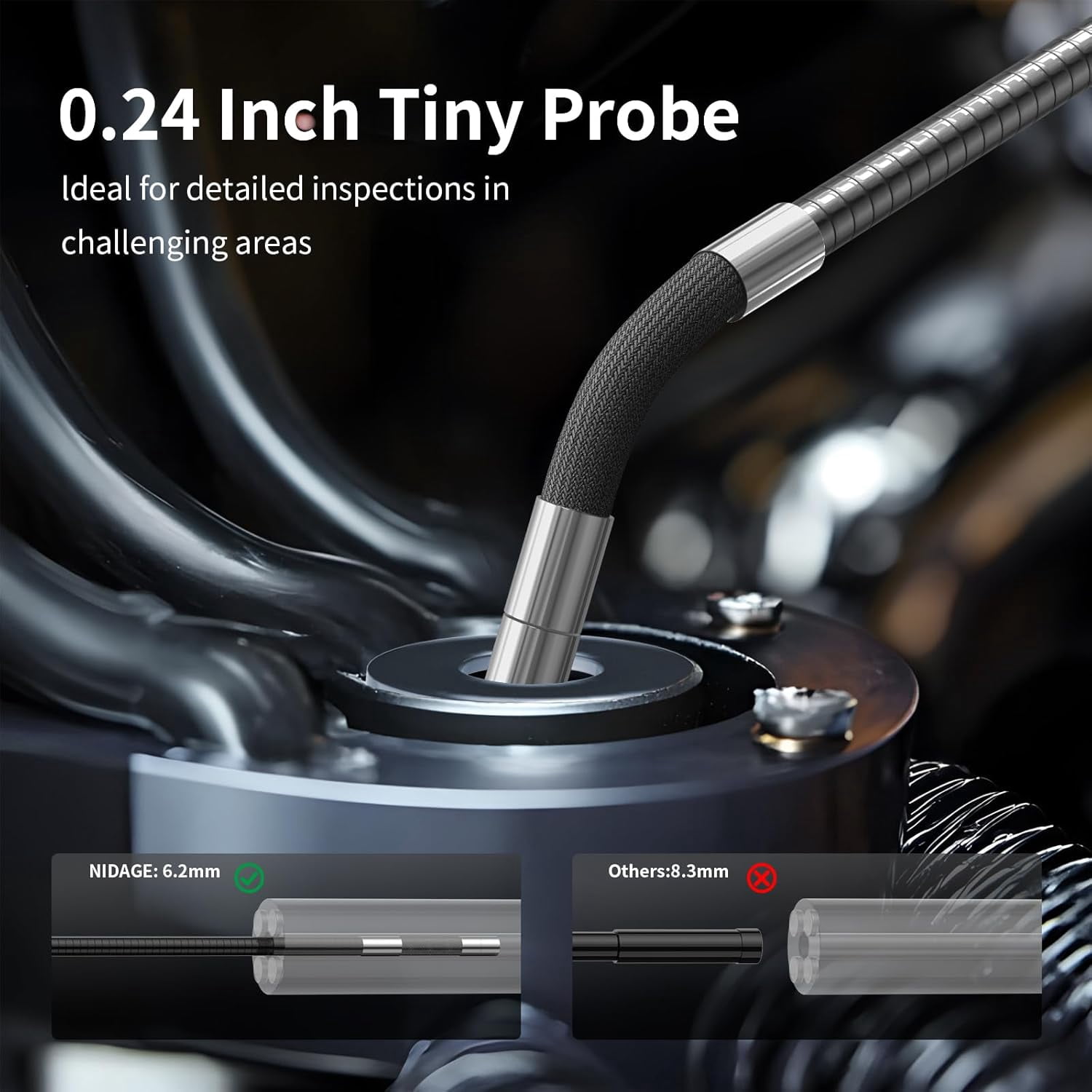 2-Way Articulating Borescope Camera with Light, Industrial Endoscope with 0.24in Articulated Snake Inspection Camera, Flexible Fiber Optic Scope Cam for Automotive Aircraft Mechanics, 5.2FT