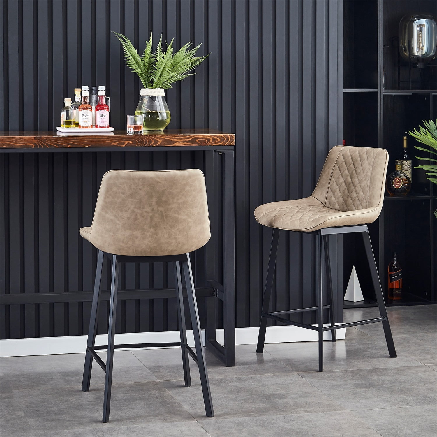 Kadyn Modern Cheap High Bar Stool Set of 2, Upholstered Pu Leather Bar Chair with Back, Metal Counter Height Bar Stool for Dining Room, Light Brown
