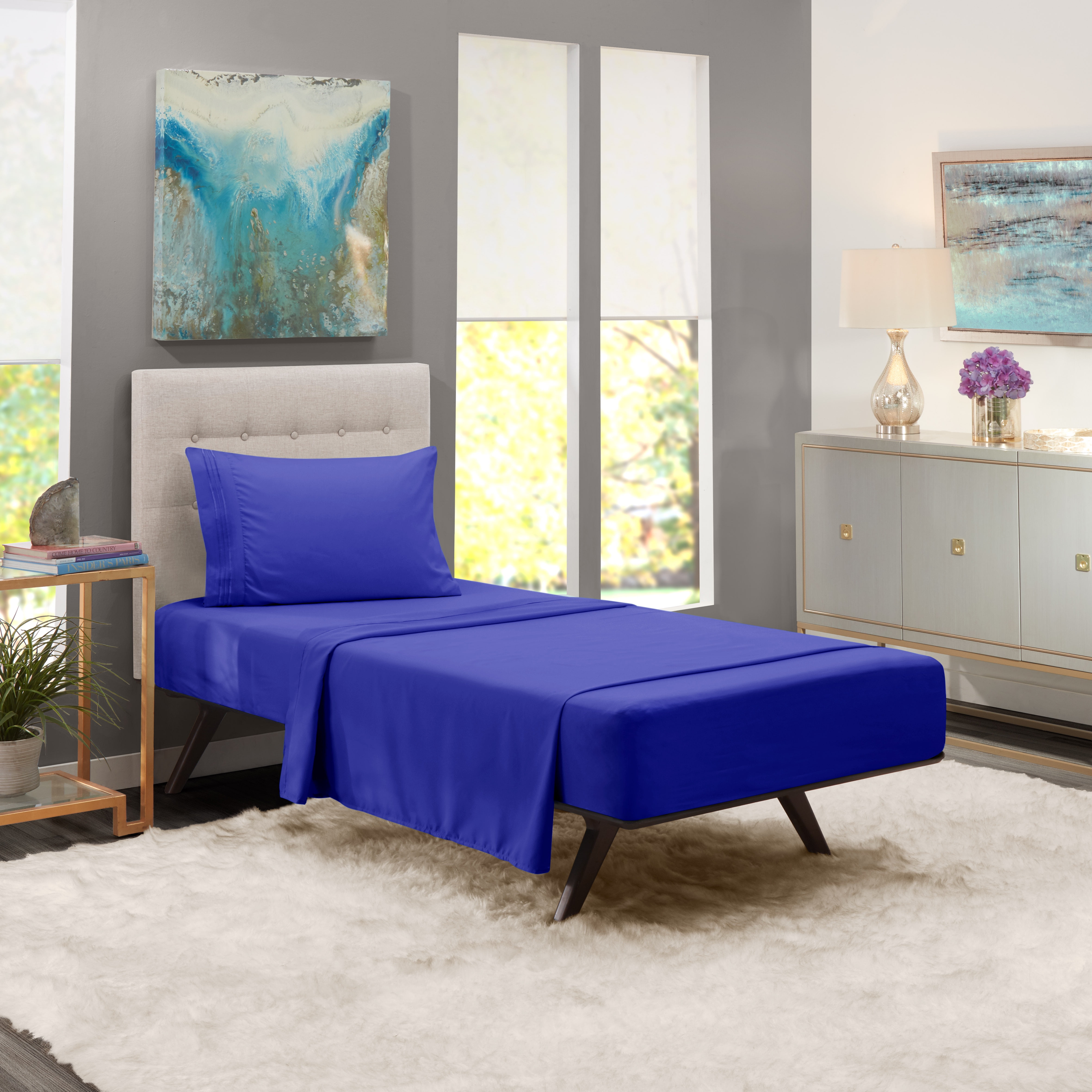 Clara Clark 5 Pc Twin Bed in a Bag - Bed Sheet Set + Twin Reversible Comforter - Royal Blue/Lime Green