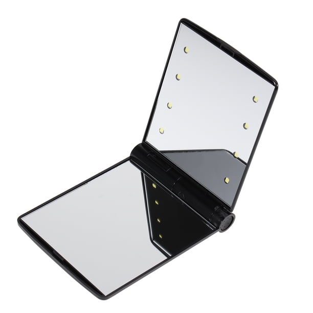 Espejo de maquillaje portátil, compacto y plegable con 8 luces LED (negro)